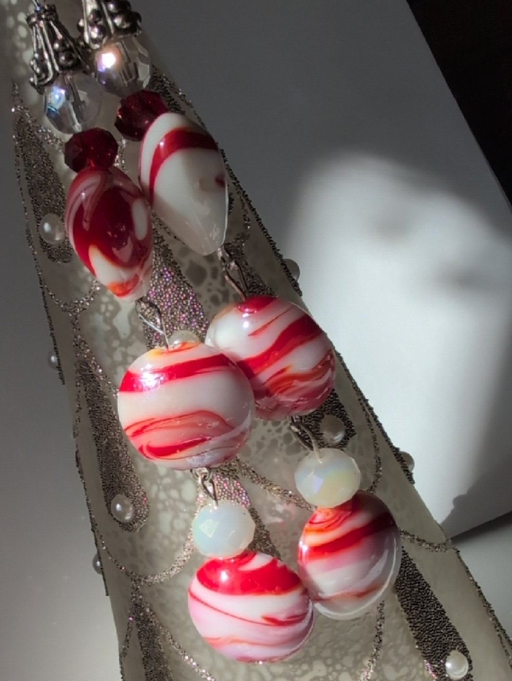RESERVED Red and White Swirl Bead Dangle Earrings - Women Jewelry - Picture 2 of 5